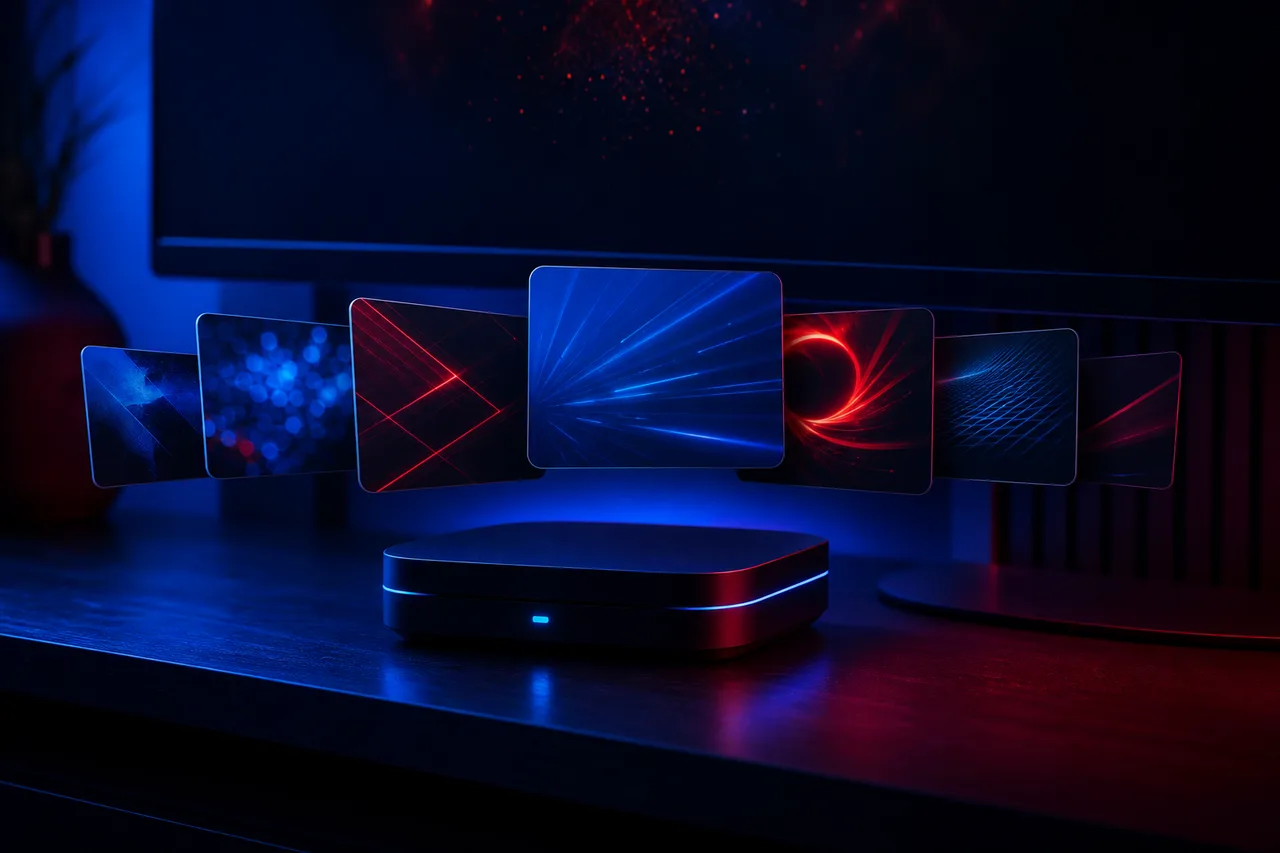 Android TV box connected to a router with a network cable behind a television