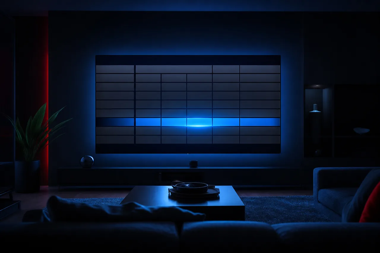 Electronic TV guide grid showing programmes in rows on a television