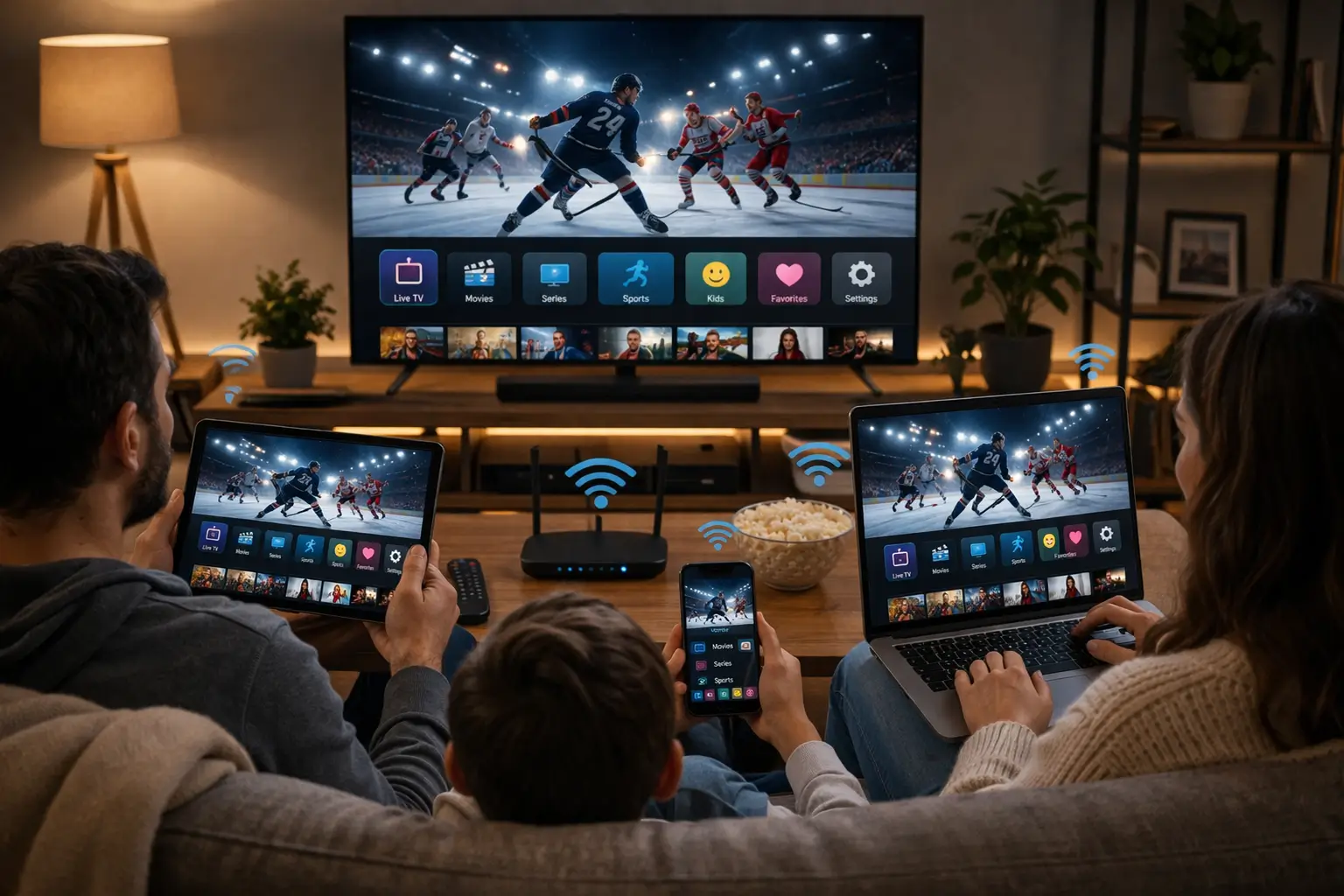 Several screens in one home showing the same IPTV app on a TV, tablet and phone